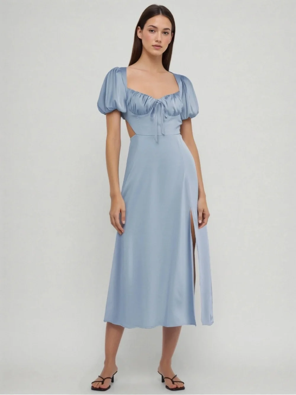 satin knotted puff sleeve split midi dress Cider | Dresses | Cider Satin Knotted Puff Sleeve Split Midi Dress Sky Blue  Size Xs